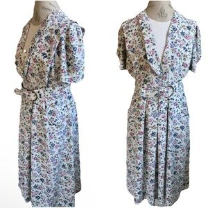 Periwinkle VTG Floral A-Line Midi Dress Belted Puff Sleeve Cottagecore 14